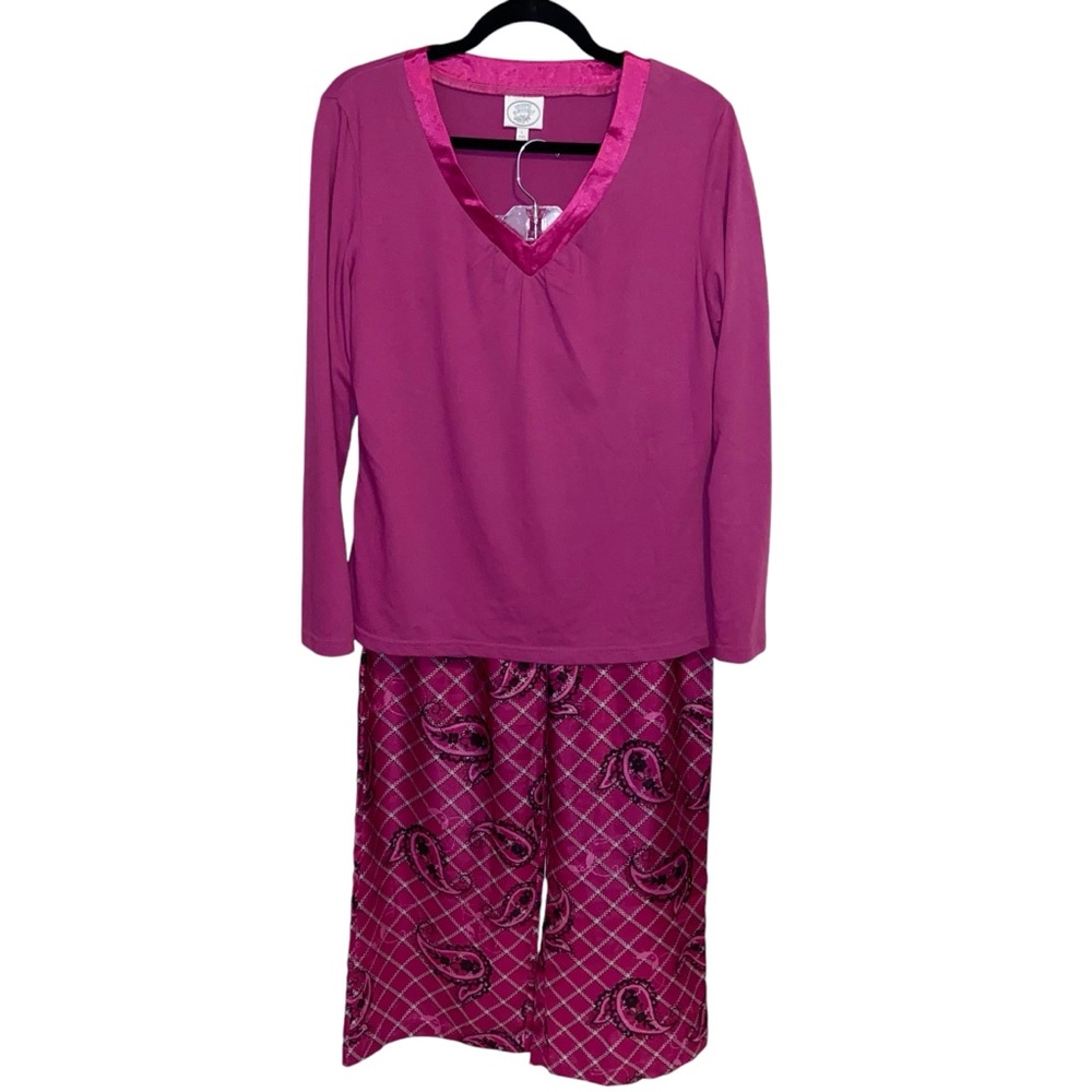 Laura Ashley Pajamas Womens Large Top Sleep Shirt & Pants Set Paisley Satin
